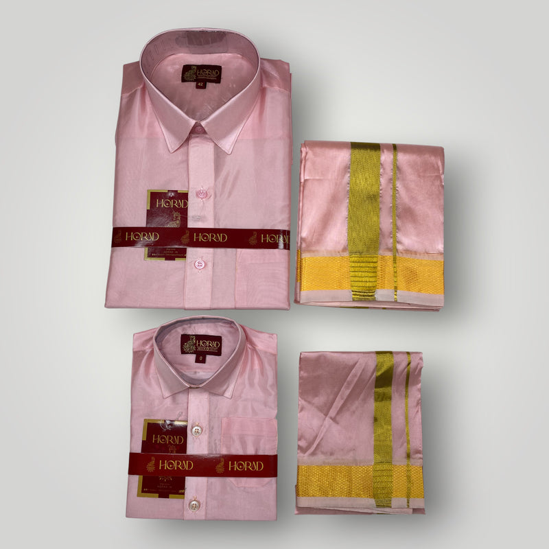 Horad Premium Art Silk Dad and Son Petal Pink Shirt + Dhoti