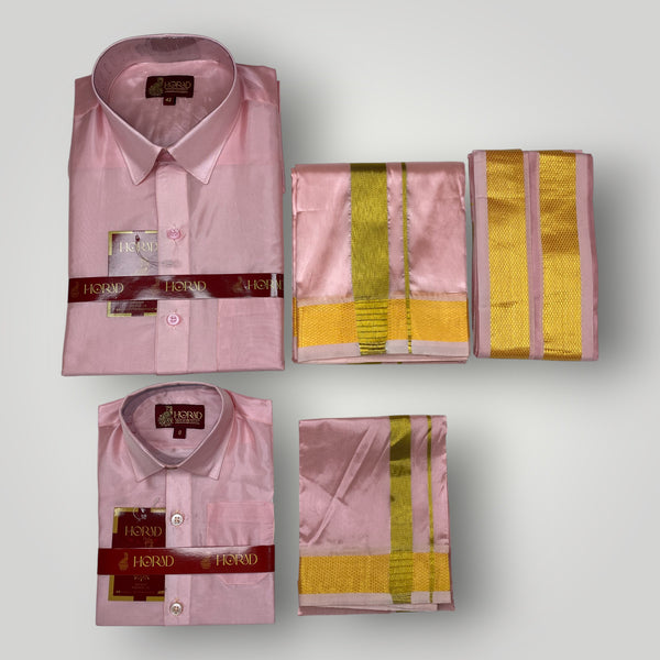 Horad Premium Art Silk Dad and Son Petal Pink Shirt + Dhoti + Angavastram