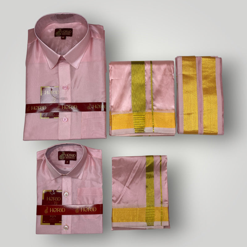 Horad Premium Art Silk Dad and Son Petal Pink Shirt + Dhoti + Angavastram