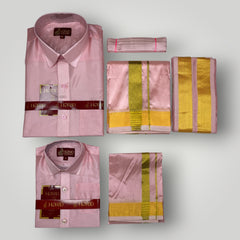 Horad Premium Art Silk Dad and Son Petal Pink Shirt + Dhoti + Angavastram + Belt