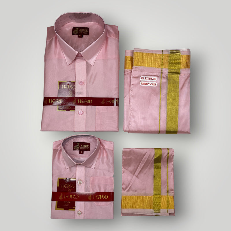 Horad Premium Art Silk Dad and Son Pink Shirt + Welcro Dhoti