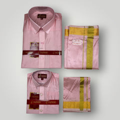Horad Premium Art Silk Dad and Son Petal Pink Shirt + Welcro Dhoti