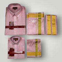 Horad Premium Art Silk Dad and Son Petal Pink Shirt + Welcro Dhoti + Angavastram