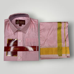 Horad Premium Art Silk Dad and Son Petal Pink Shirt + Dhoti + Angavastram + Belt