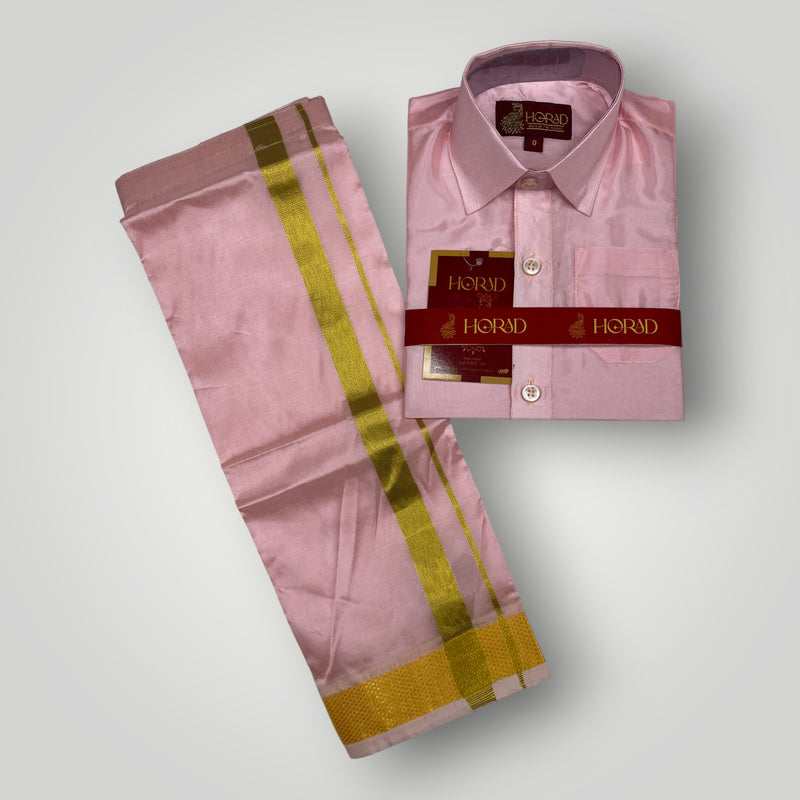 Horad Premium Art Silk Dad and Son Petal Pink Shirt + Welcro Dhoti + Angavastram