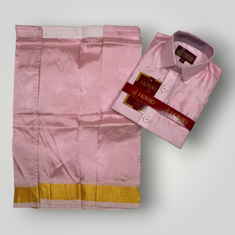 Horad Premium Art Silk Dad and Son Petal Pink Shirt + Dhoti + Angavastram