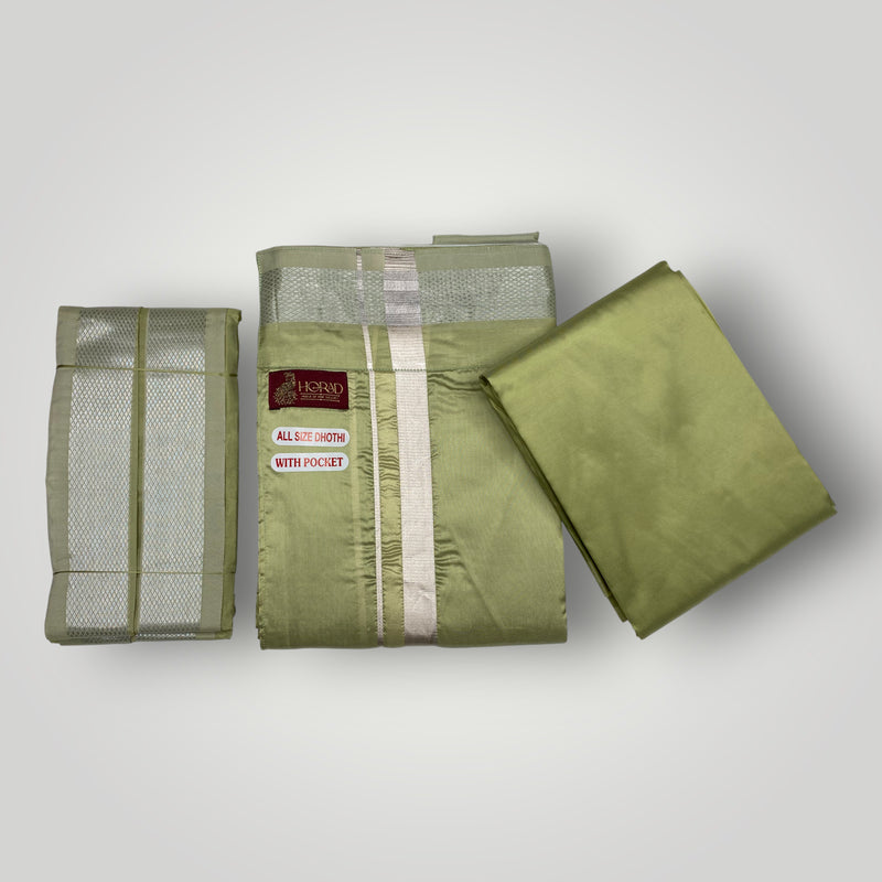 HORAD Premium Art Silk FIR.Green Welcro Dhoti with Shirt Material + Angavastram