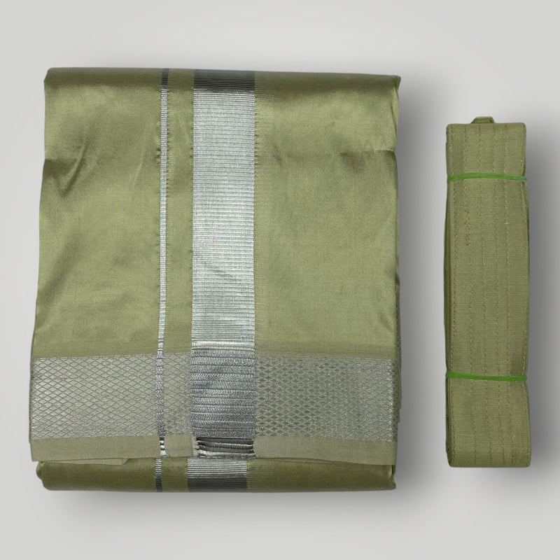 HORAD Premium Art Silk FIR.Green Shirt Material (3 Meter) + (9X5) Dhoti + Angavastram + Belt