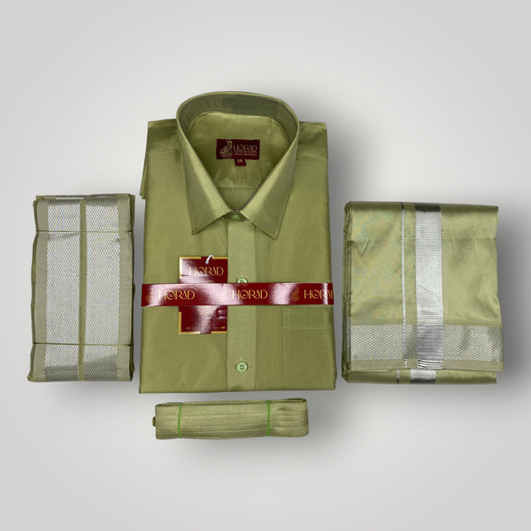 Horad Premium Art Silk FIR.Green Shirt + Dhoti +  Angavastram + Belt
