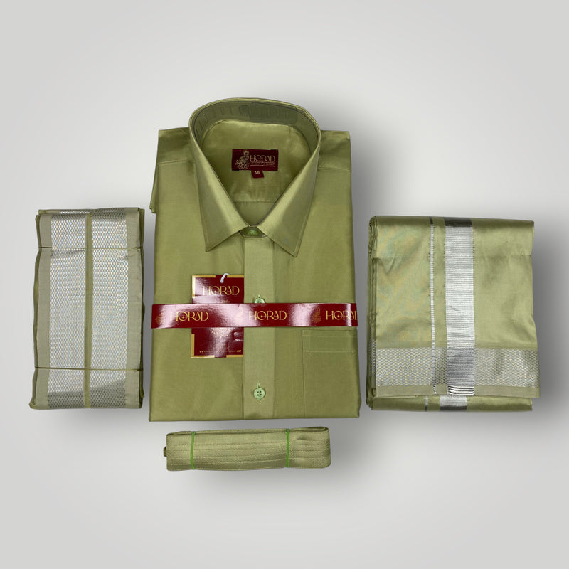 Horad Premium Art Silk FIR.Green Shirt + Dhoti +  Angavastram + Belt
