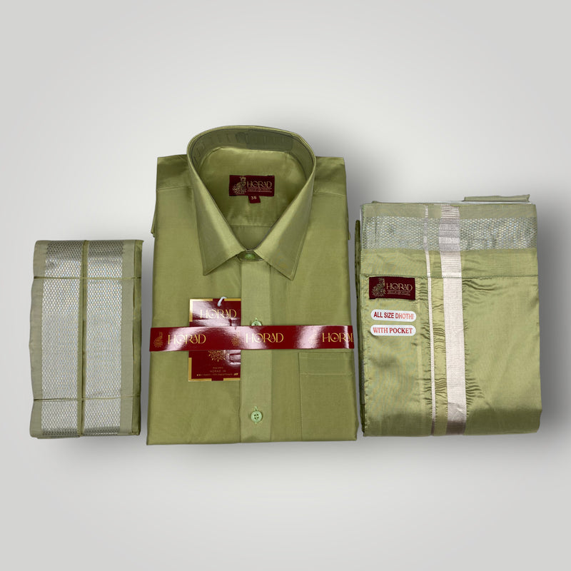 Horad Premium Art Silk FIR.Green Shirt + Welcro Dhoti + Angavastram