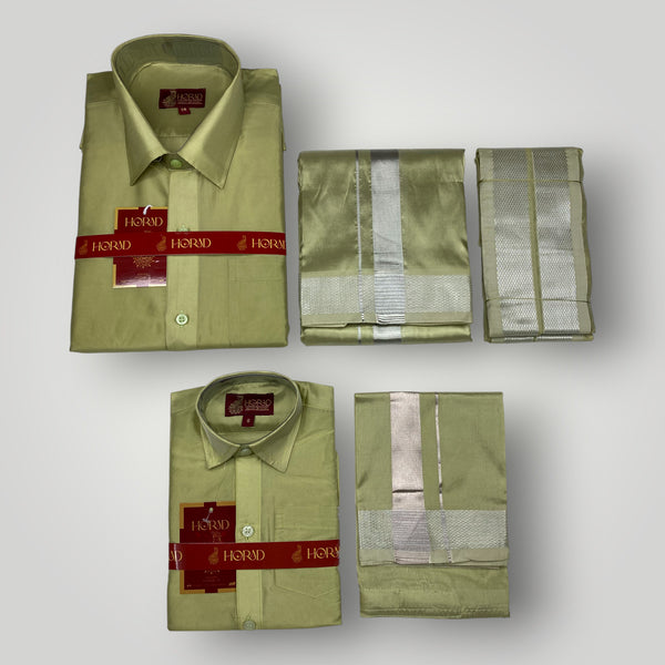 Horad Premium Art Silk Dad and Son FIR.Green Shirt + Dhoti + Angavastram