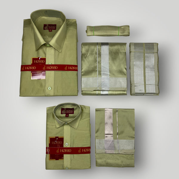 Horad Premium Art Silk Dad and Son FIR.Green Shirt + Dhoti + Angavastram + Belt