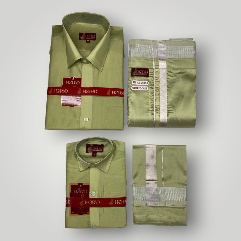 Horad Premium Art Silk Dad and Son FIR.Green Shirt + Welcro Dhoti