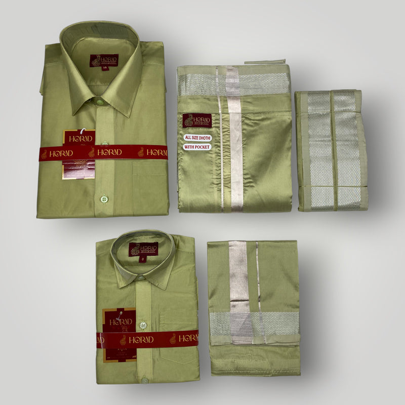 Horad Premium Art Silk Dad and Son FIR.Green Shirt + Welcro Dhoti + Angavastram