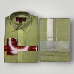 Horad Premium Art Silk Dad and Son FIR.Green Shirt + Welcro Dhoti + Angavastram