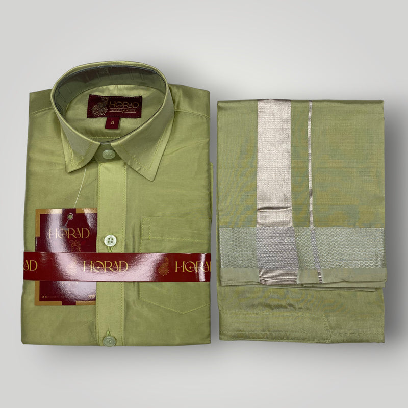 Horad Premium Art Silk Dad and Son FIR.Green Shirt + Dhoti + Angavastram + Belt