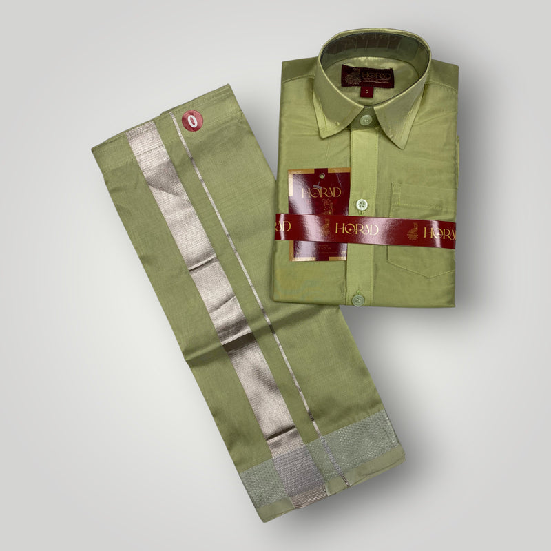 Horad Premium Art Silk Dad and Son FIR.Green Shirt + Welcro Dhoti + Angavastram