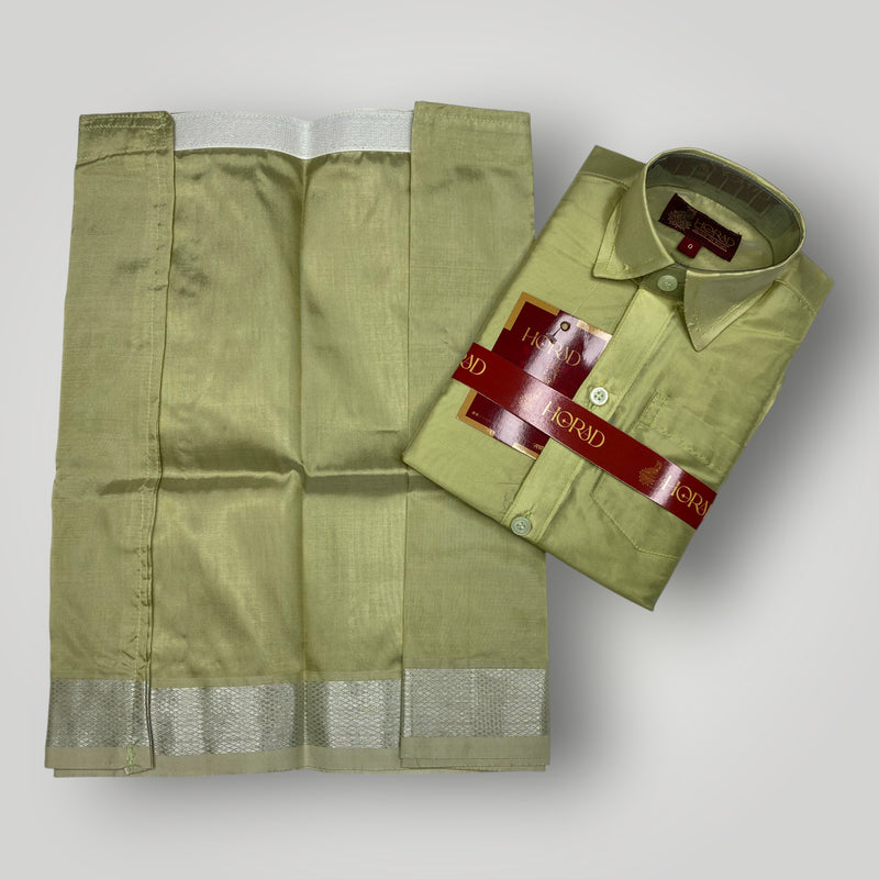 Horad Premium Art Silk Dad and Son FIR.Green Shirt + Dhoti + Angavastram + Belt
