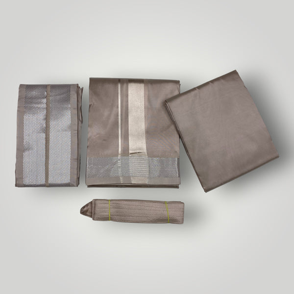 HORAD Premium Art Silk Sandstone Dhoti with Shirt Material + Angavastram + Belt