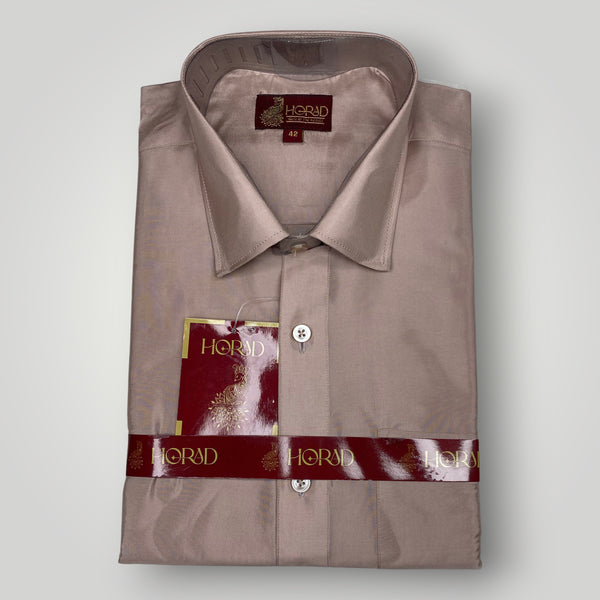 Horad Premium Art Silk Dad and Son Sandstone Shirt + Cream with Silver Welcro Dhoti + Angavastram