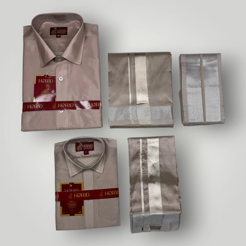 Horad Premium Art Silk Dad and Son Sandstone Shirt + Dhoti + Angavastram