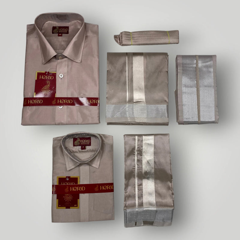 Horad Premium Art Silk Dad and Son Sandstone Shirt + Dhoti + Angavastram + Belt