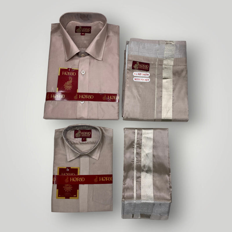 Horad Premium Art Silk Dad and Son Sandstone Shirt + Welcro Dhoti