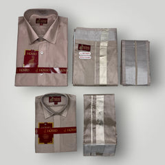 Horad Premium Art Silk Dad and Son Sandstone Shirt + Welcro Dhoti + Angavastram