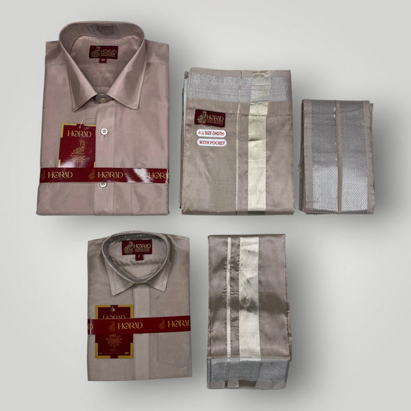 Horad Premium Art Silk Dad and Son Sandstone Shirt + Welcro Dhoti + Angavastram
