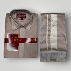 Horad Premium Art Silk Dad and Son Sandstone Shirt + Welcro Dhoti + Angavastram