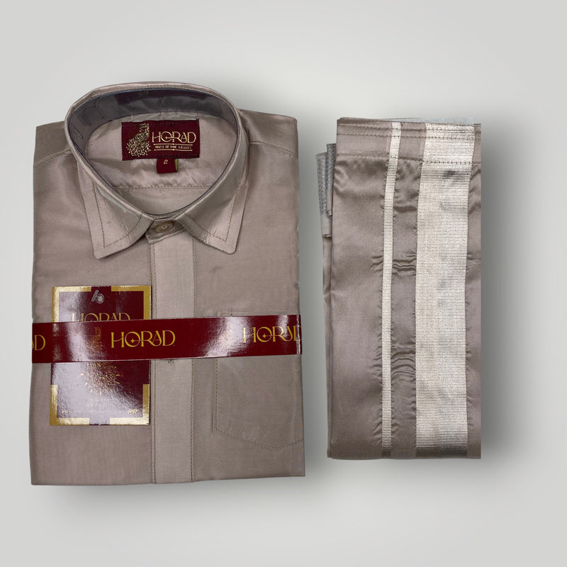 Horad Premium Art Silk Dad and Son Sandstone Shirt + Dhoti + Angavastram + Belt