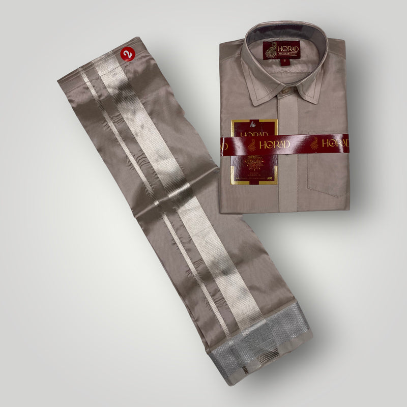 Horad Premium Art Silk Dad and Son Sandstone Shirt + Welcro Dhoti + Angavastram