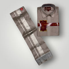 Horad Premium Art Silk Dad and Son Sandstone Shirt + Dhoti + Angavastram