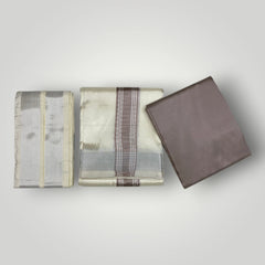 HORAD Premium Art Silk Cream with Silver Dhoti with Sandstone Shirt Material + Angavastram