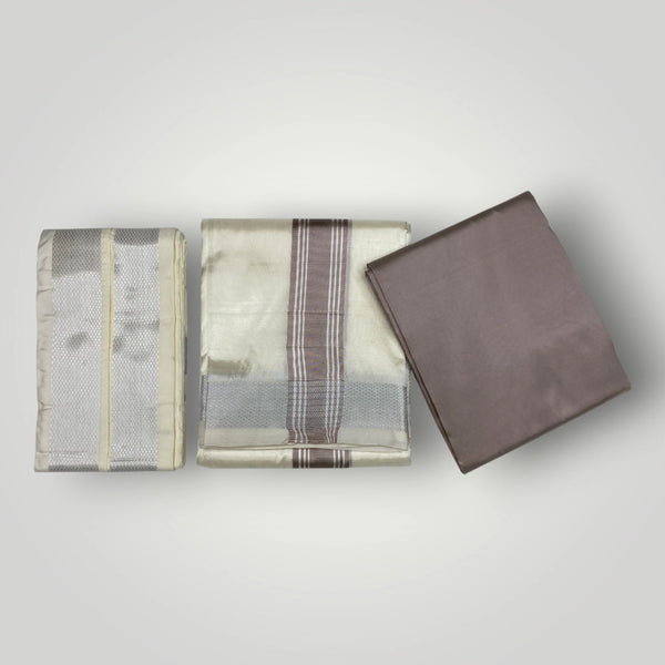 HORAD Premium Art Silk Cream with Silver Dhoti with Sandstone Shirt Material + Angavastram