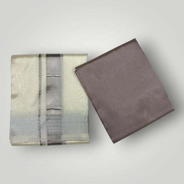 HORAD Premium Art Silk Cream with Silver  Dhoti with Sandstone Shirt Material