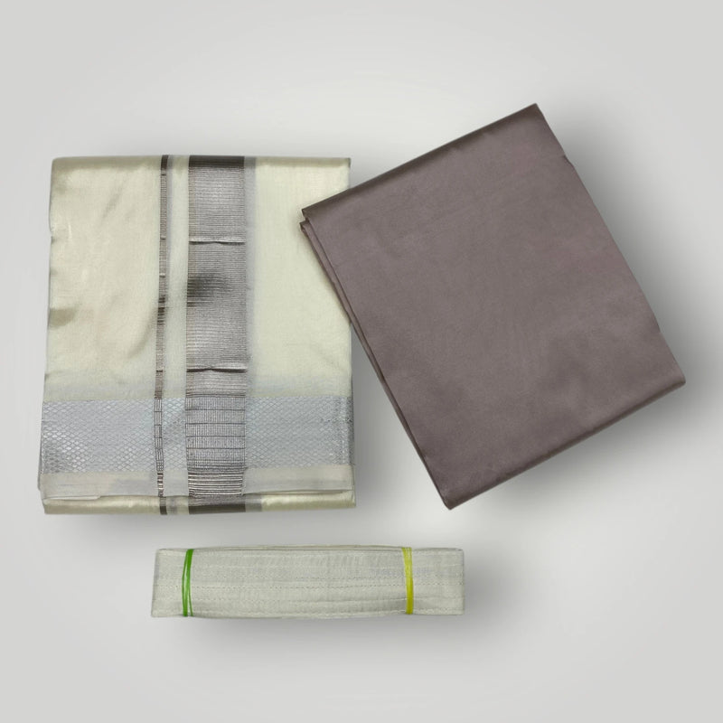 HORAD Premium Art Silk Cream with Silver Dhoti with Sandstone Shirt Material + Belt