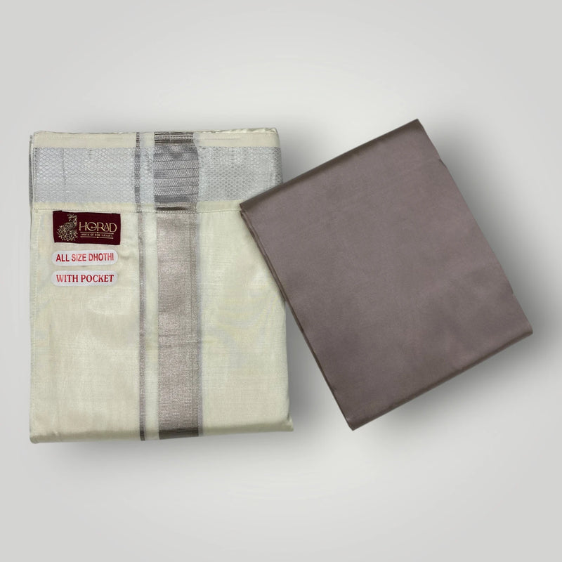 HORAD Premium Art Silk Cream with Silver Zari Welcro Dhoti with Sandstone Shirt Material
