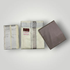 HORAD Premium Art Silk Cream with Silver Welcro Dhoti with Sandstone Shirt Material + Angavastram