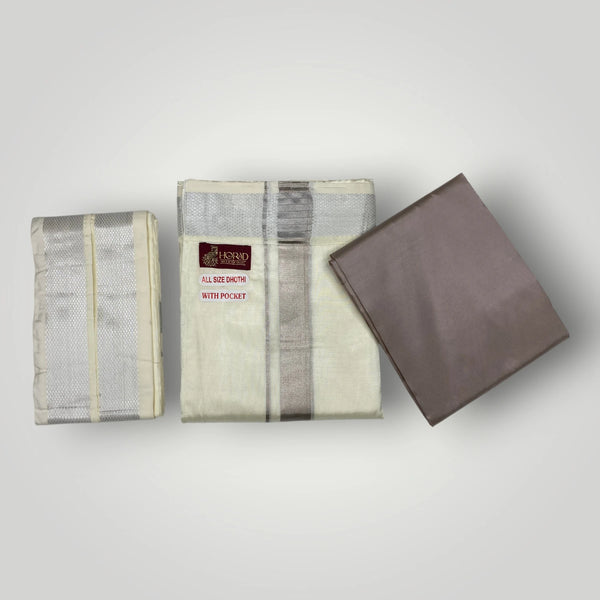 HORAD Premium Art Silk Cream with Silver Welcro Dhoti with Sandstone Shirt Material + Angavastram