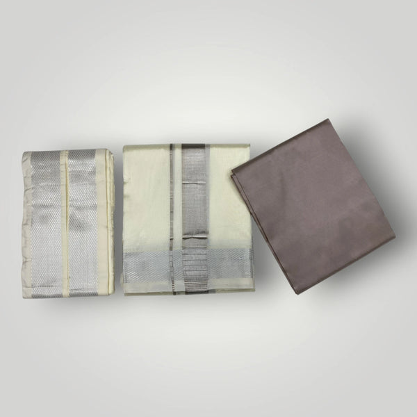 HORAD Premium Art Silk Sandstone  Shirt Material (3 Meter) + (9X5) Cream with Silver Dhoti + Angavastram