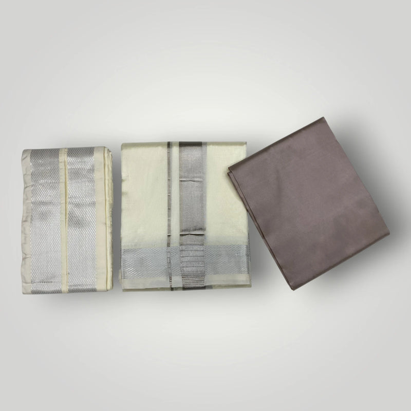 HORAD Premium Art Silk Sandstone  Shirt Material (3 Meter) + (9X5) Cream with Silver Dhoti + Angavastram