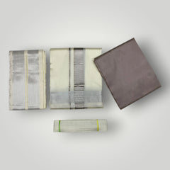 HORAD Premium Art Silk Sandstone Shirt Material (3 Meter) + (9X5) Cream with Silver Dhoti + Angavastram + Belt