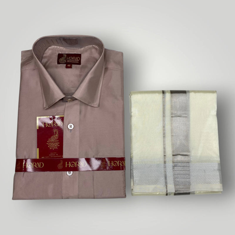 Horad Premium Art Silk Sandstone Shirt + Cream With Silver Dhoti
