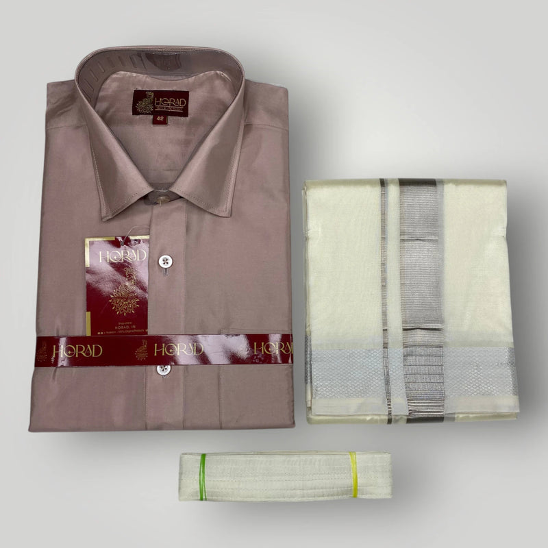 Horad Premium Art Silk Sandstone Shirt + Cream with Silver Dhoti + Belt