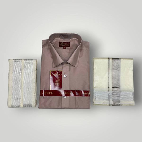 Horad Premium Art Silk Sandstone Shirt + Cream with Silver Dhoti +  Angavastram