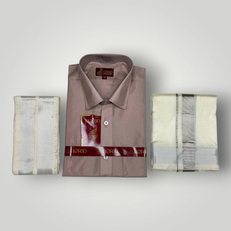 Horad Premium Art Silk Sandstone Shirt + Cream with Silver Dhoti +  Angavastram