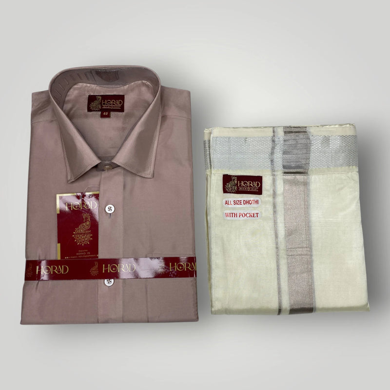 Horad Premium Art Silk Sandstone Shirt + Cream with Silver Welcro Dhoti