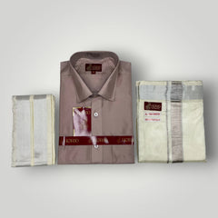 Horad Premium Art Silk Sandstone Shirt + Cream with Silver Welcro Dhoti + Angavastram